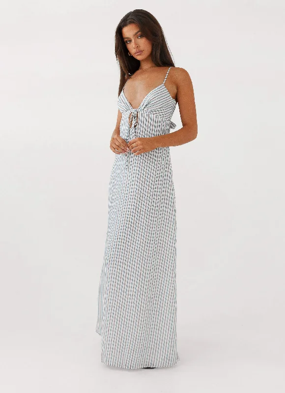 women's machine-washable dressesFlora Linen Maxi Dress - Blue Choc Stripe