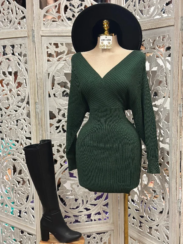 Halter DressForest Green Wrapped Sweater Mini Dress- Stretchy,Estira