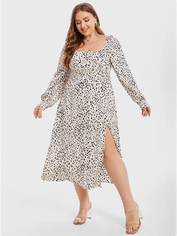 Off-The-Shoulder DressLeopard Print Square Neck Split Thigh Midi Dress