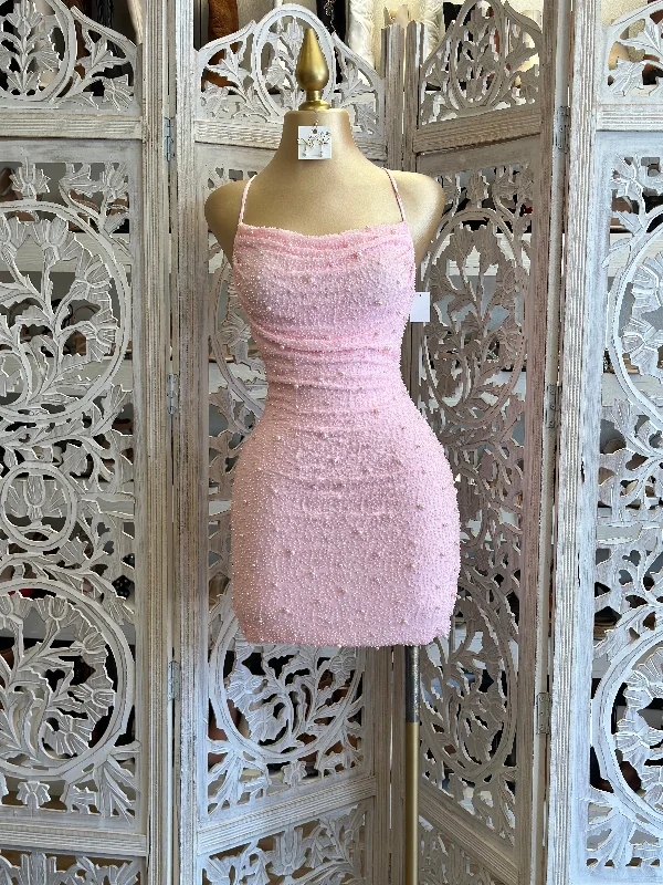 women's off-the-shoulder dressesCotton Pink Mini Embellished Dress- Stretchy