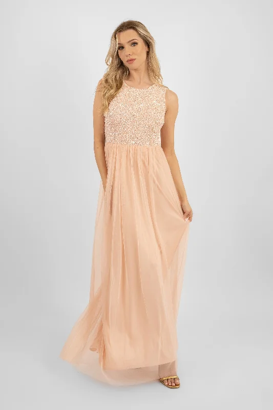 women's mother of the bride dressesPicasso Blush Pink Embellished Bridesmaid Maxi Dress