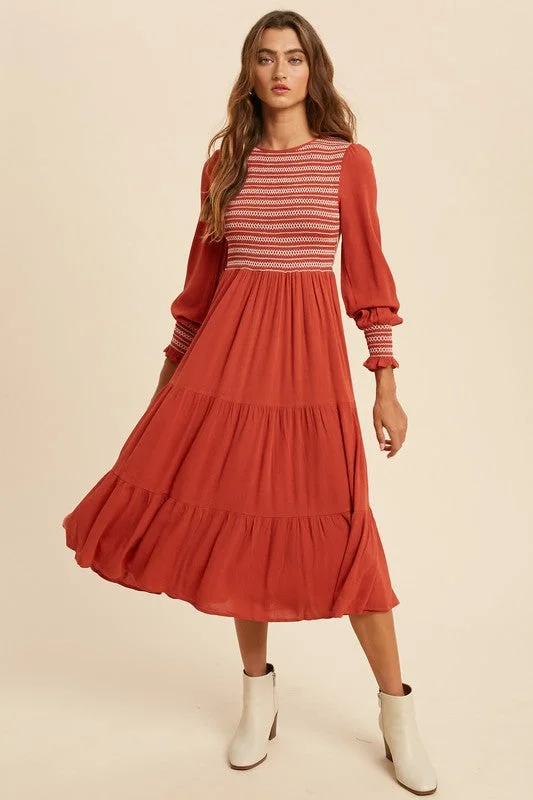 women's striped dressesJamie Smocked Midi Dress in Brick