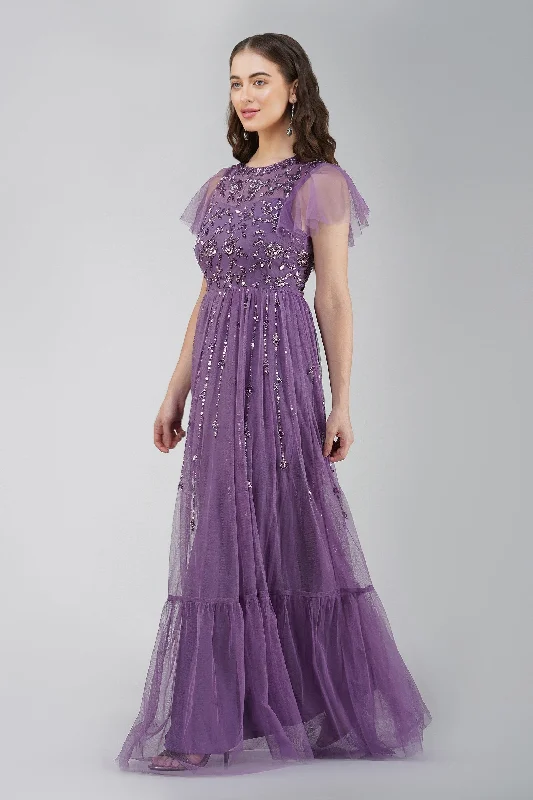 Halter DressMarly Purple Embellished Maxi Dress