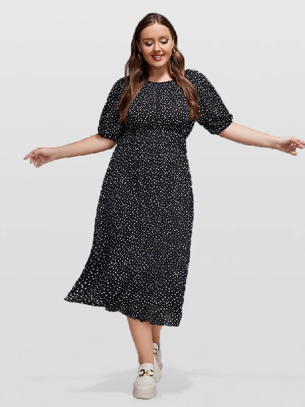 Zipper DressPlus Polka Dot Round Neck Puff Sleeve Midi Dress