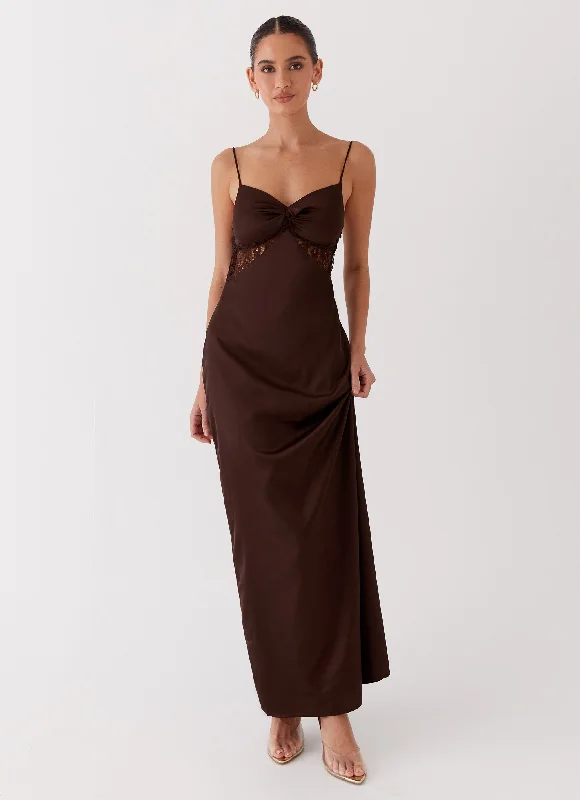 women's bow dressesDream Sight Lace Satin Maxi Dress - Chocolate