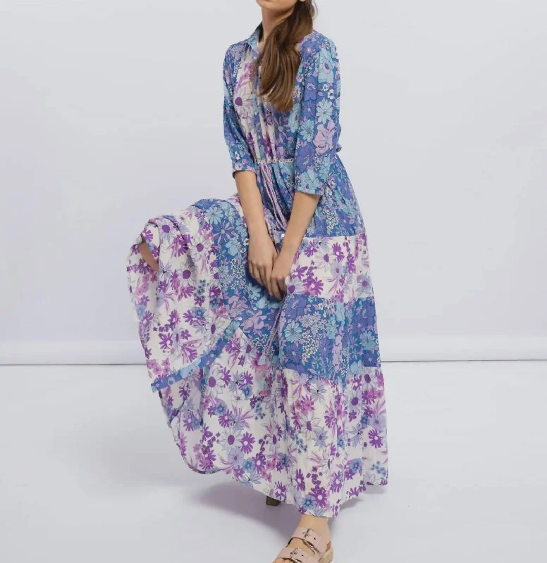 Casual Chic DressAdjustable Waist Maxi Shirt Dress in Blue/Lilac