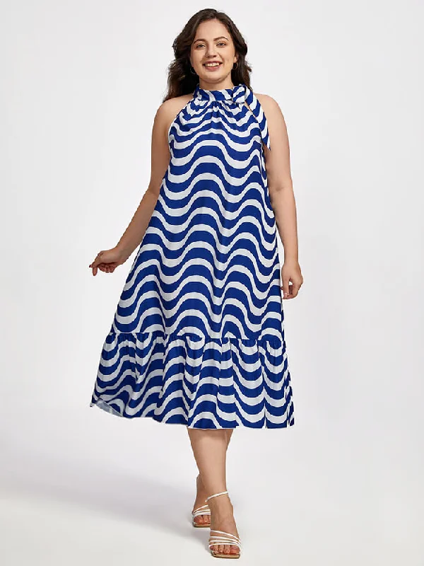 women's empire-line dressesPlus Striped Halter Frill Trim Midi Dress