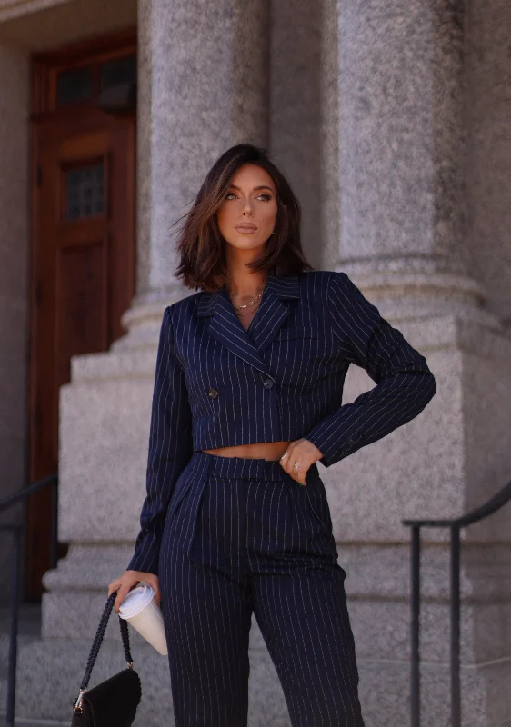 Navy Pinstripe Cropped Blazer