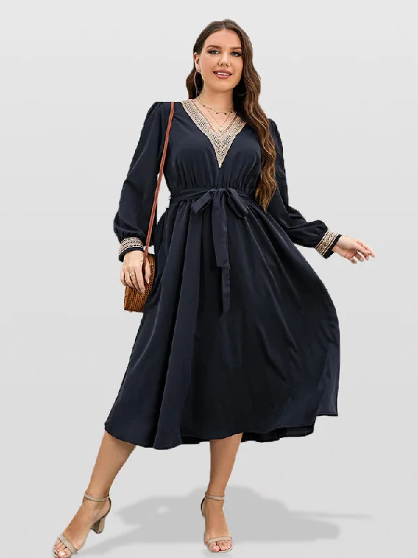 Formal DressPlus Blue Eyelet Lace Belted Midi Dress