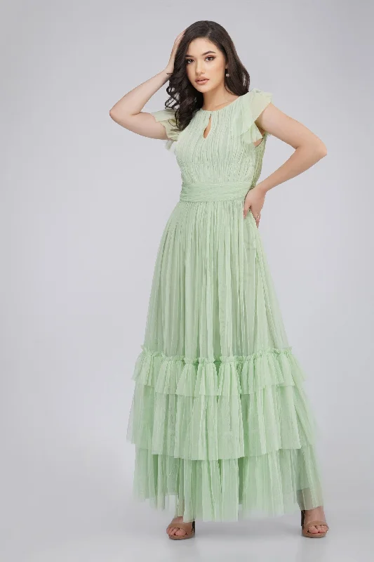 Short-Sleeve DressDiva Tulle Maxi Dress in Sage