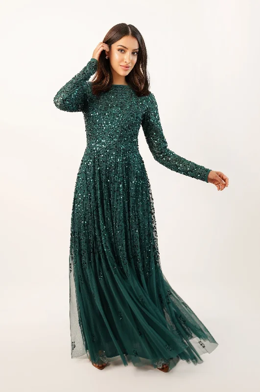 Tea-Length DressSila Long Sleeve Embellished Maxi Dress in Emerald Green