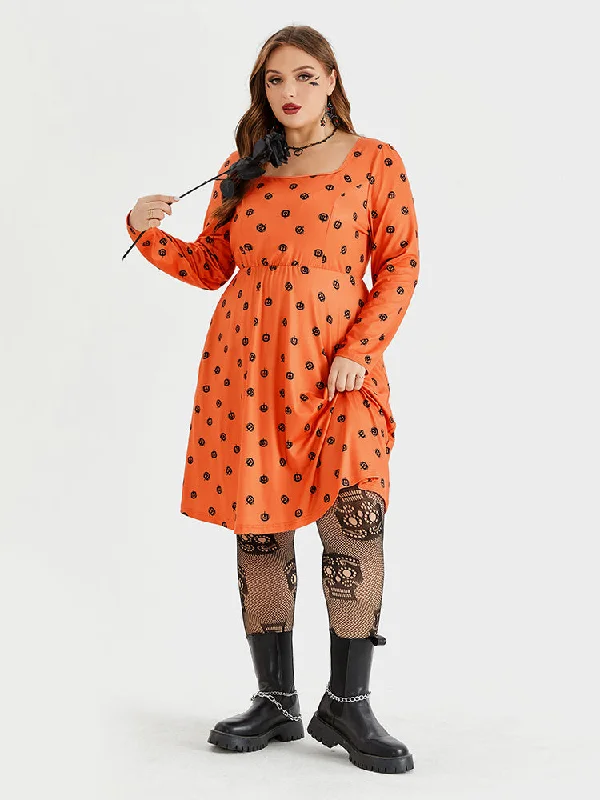 Flutter-Sleeve DressHalloween Print Square Neck Pocket  Midi Dress