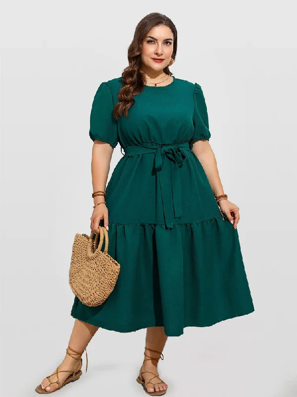 women's apple-shaped body dressesSolid Round Neck Ruffle Trim Belted Midi Dress