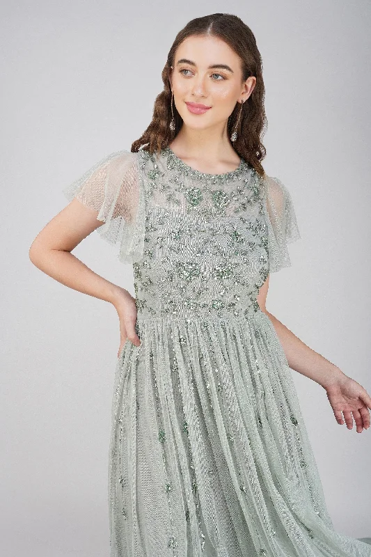 Asymmetric DressMarly Sage Green Embellished Maxi Dress