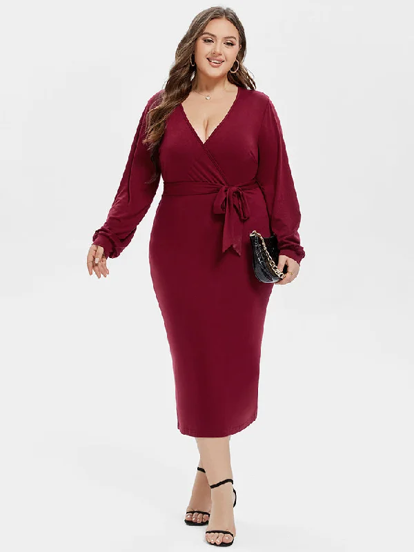 Empire DressV-Neck Lantern Sleeve Belted Wrap Midi Dress