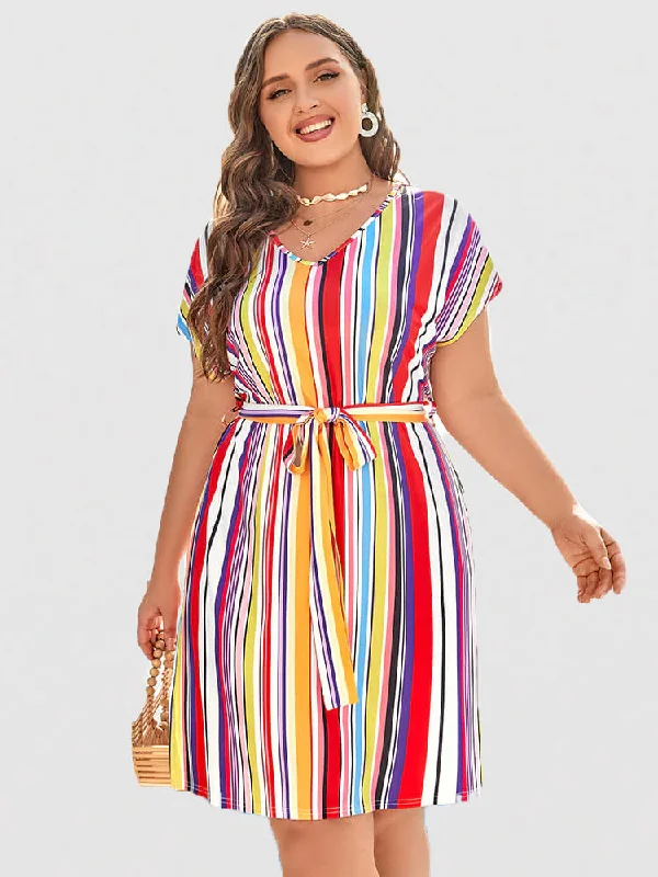 Laced DressPlus Colorblock Striped Tie Dolman Sleeve Midi Dress