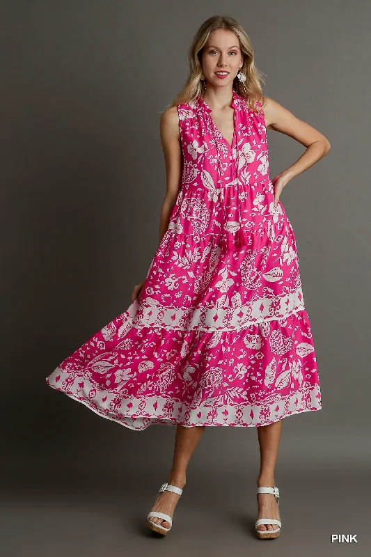 Flutter-Sleeve DressTwo Tone Floral Paisley Sleeveless Midi Dress