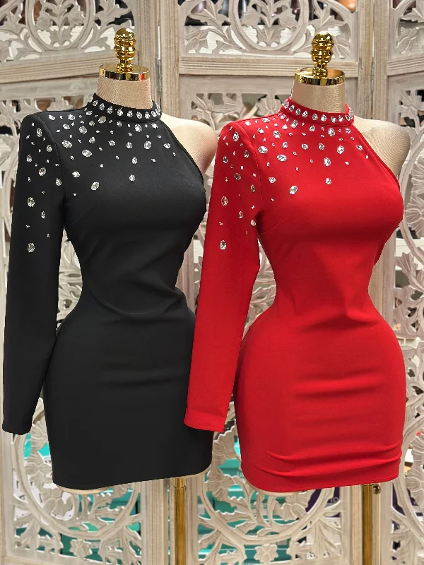 High-Neck DressElarged Rhinestone One Sleeve Mini Dress- Slightly Stretchy,Estira Poco