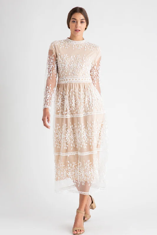 women's flutter-sleeved dressesNoel Midi Lace Dress in Off White