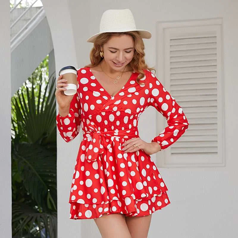 Crepe DressKittenAlarm - Vintage Polka Dot Printed Long Sleeve V-neck Mini Dress