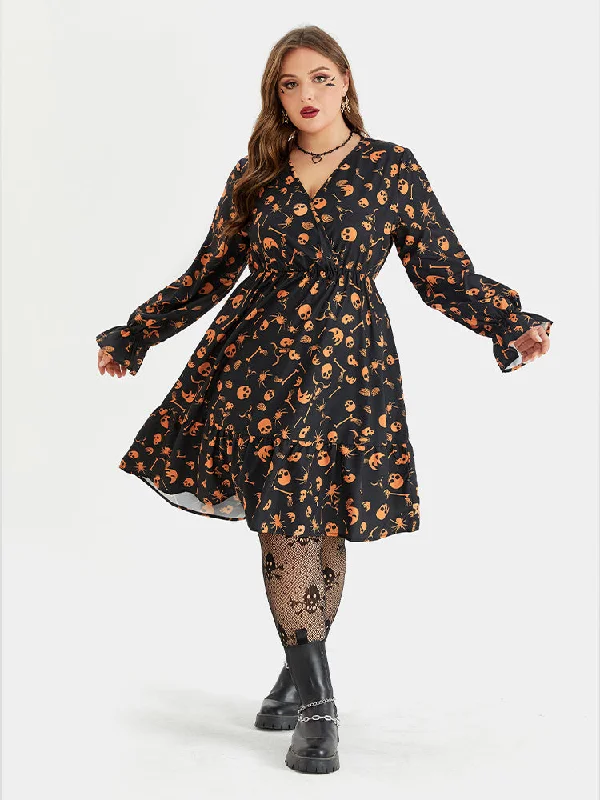 Tulle DressHalloween Skull Print Flounce Sleeve Pocket Midi Dress