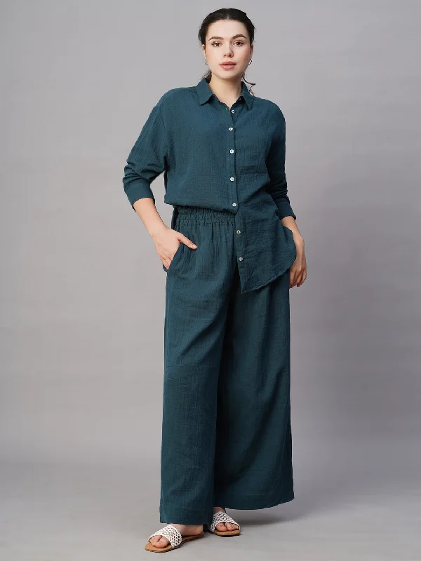 Women's Blue Cotton Regular Fit Pant