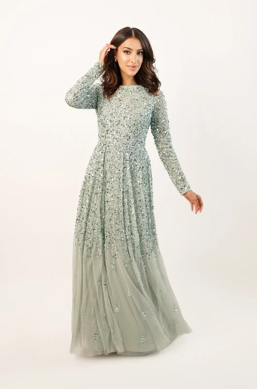 Tulle DressSila Long Sleeve Embellished Maxi Dress in Sage Green