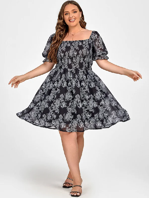 women's party dressesPlus Black Floral Square Neck Puff Sleeve Midi Dress