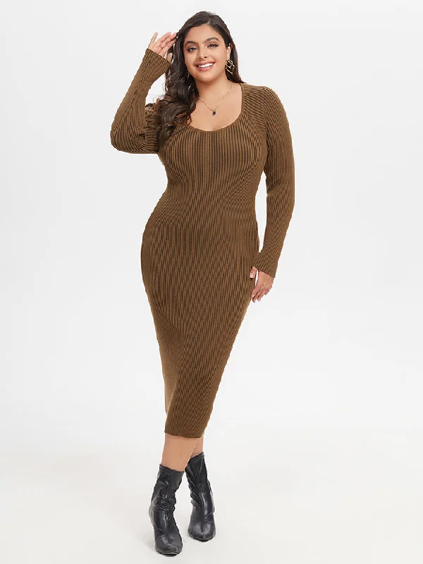 Spaghetti Strap DressSquare Neck Ribbed Knit Midi Sweater Dress