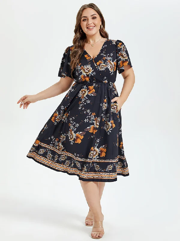 Skater DressFloral Print V-Neck Butterfly Sleeve Elastic Waist Midi Dress