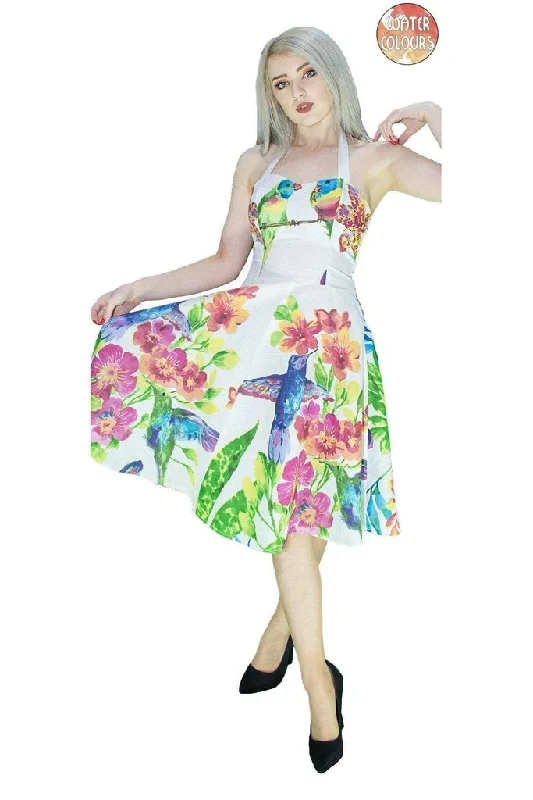 women's wrinkle-resistant dressesExotic Birds and Flowers White Midi Dress - Ulani