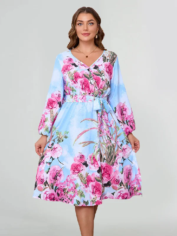 women's smart casual dressesPlus Blue Floral Print Chiffon V-Neck Long Sleeve Belted A-Line Midi Dress