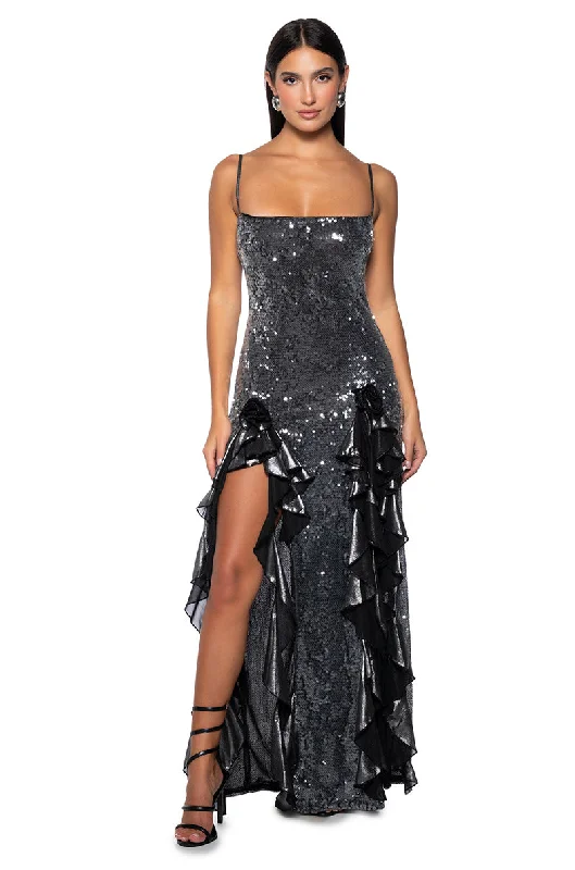 Ball Gown DressMETALLIC DREAMS SEQUIN RUFFLE MAXI DRESS