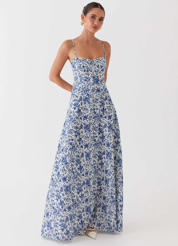 women's stretchy dressesAngelina Linen Maxi Dress - Blue Paisley