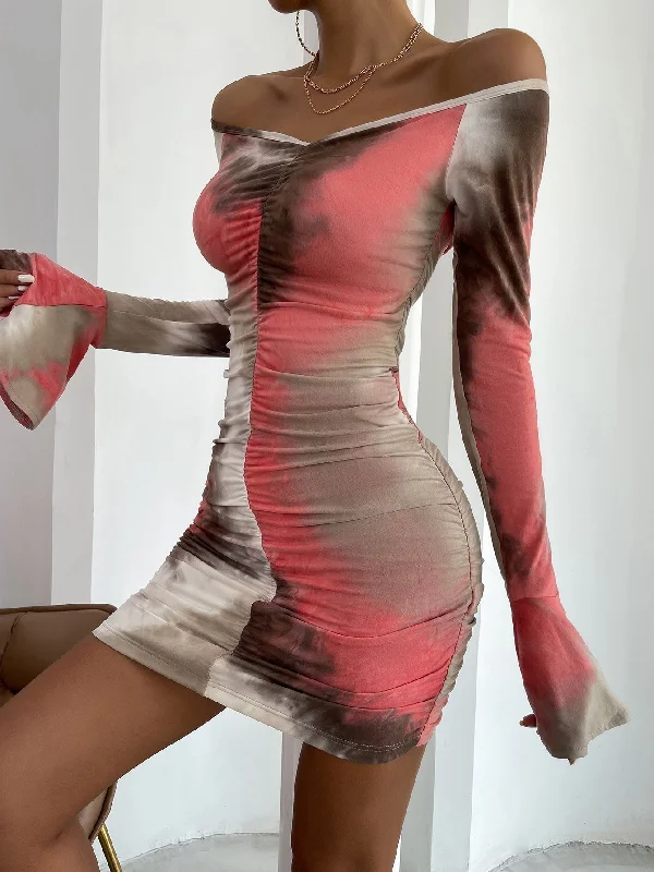 women's travel dressesKittenAlarm - Tie Dye Off Shoulder Flounce Sleeve Ruched Bodycon Dress