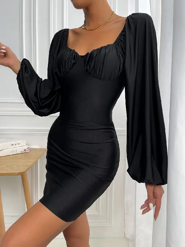 High-Low DressKittenAlarm - Ruched Bust Lantern Sleeve Bodycon Dress