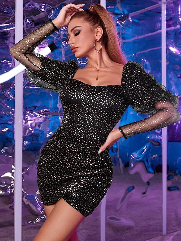 women's curve-hugging dressesKittenAlarm - Gigot Sleeve Wrap Sequin Bodycon Dress