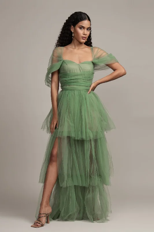 women's spaghetti strap dressesSydney Off Shoulder Tulle Maxi Dress in Dark Sage