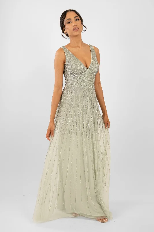 women's bell-sleeved dressesLorelai Sage Green Embellished Maxi Dress