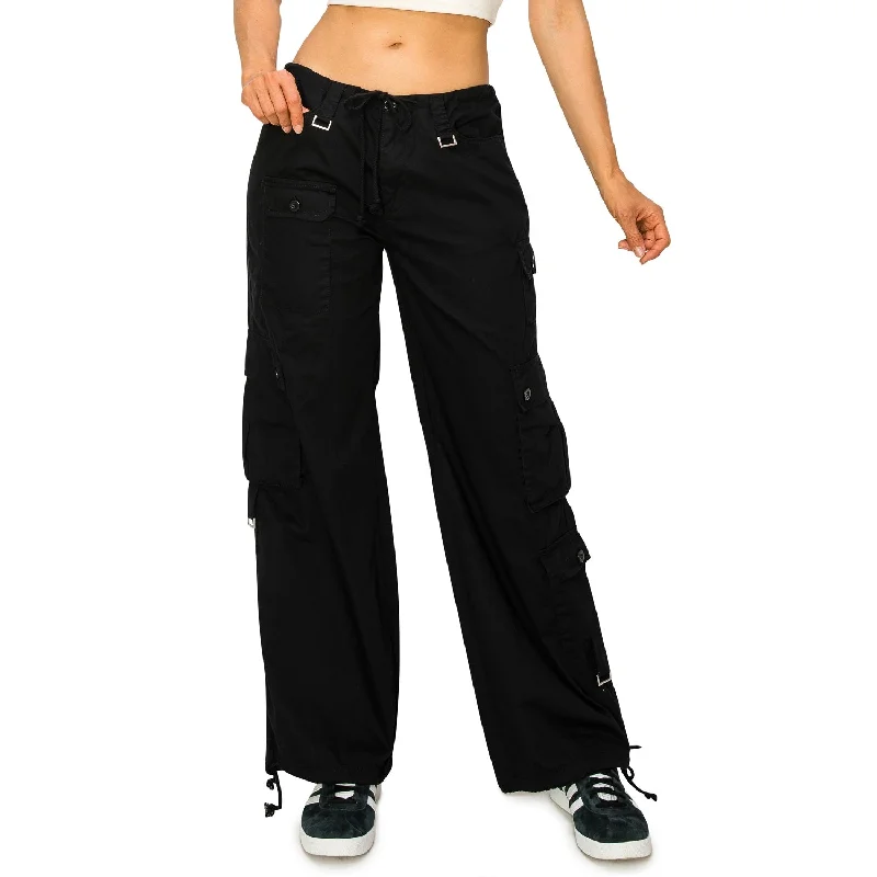 women's polyester pantsBaggy Fit Parachute Cargo Pants - Black