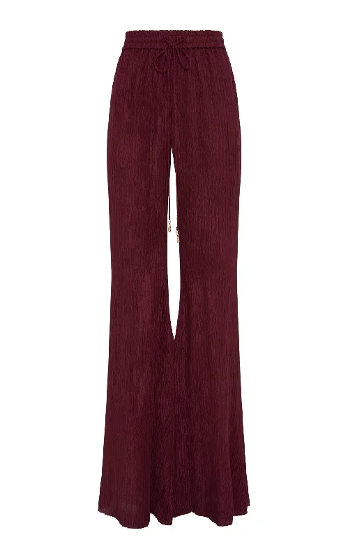 women's breathable pantsClaude Flare Pant in Bordeaux Plisse Silk