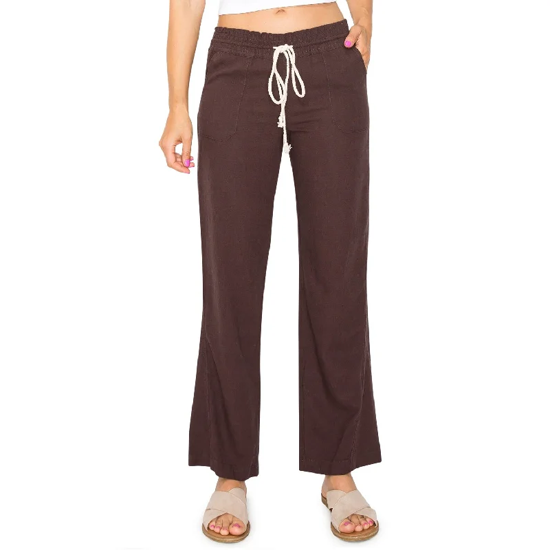 women's summer pantsLinen Pants 29" Inseam Drawstring Smocked Waist Beach Pants - Brown