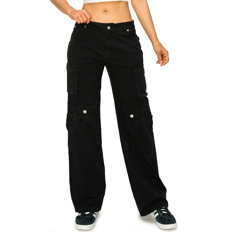 women's skinny pantsStretch Twill Low Rise Multi Pockets Cargo Pants - Black