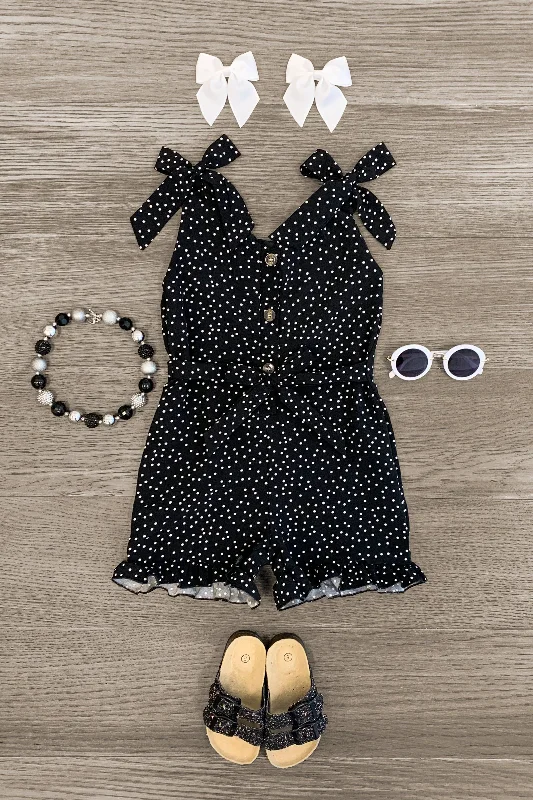 Silk DressBlack Polka Dot Tie Shoulder Romper