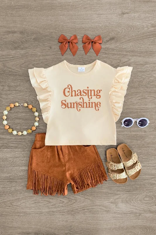 women's petite dresses"Chasing Sunshine" Brown Fringe Suede Short Set