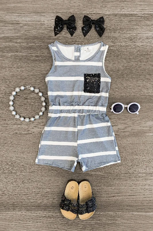 women's cocktail dressesGray & White Striped Black Sequin Romper