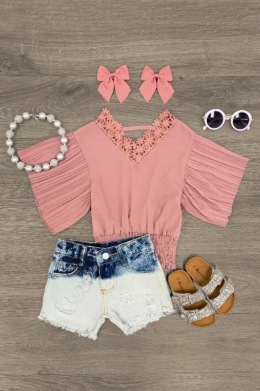 Tea-Length DressMauve Lace Blouse Distressed Denim Short Set