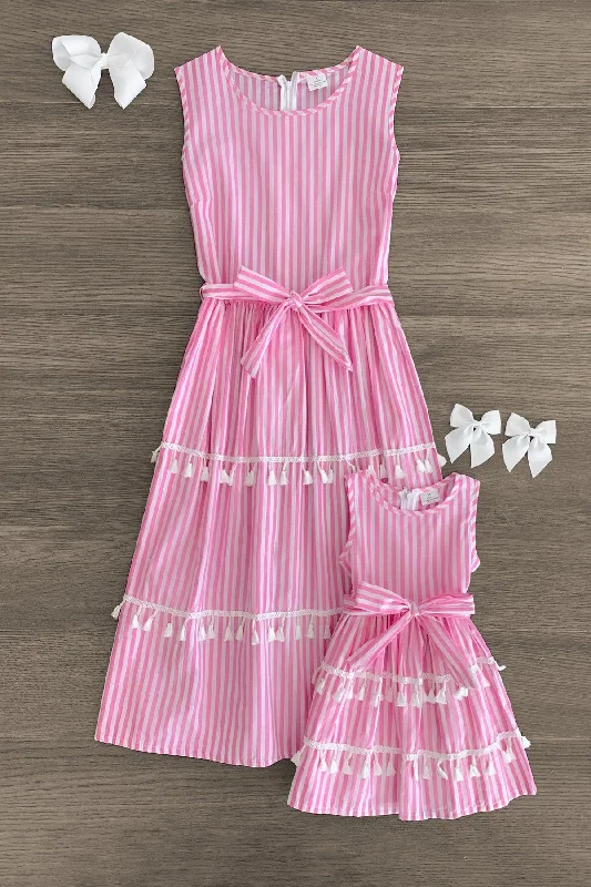 women's ethical fashion dressesMom & Me - Pink & White Stripe Tassel Dress