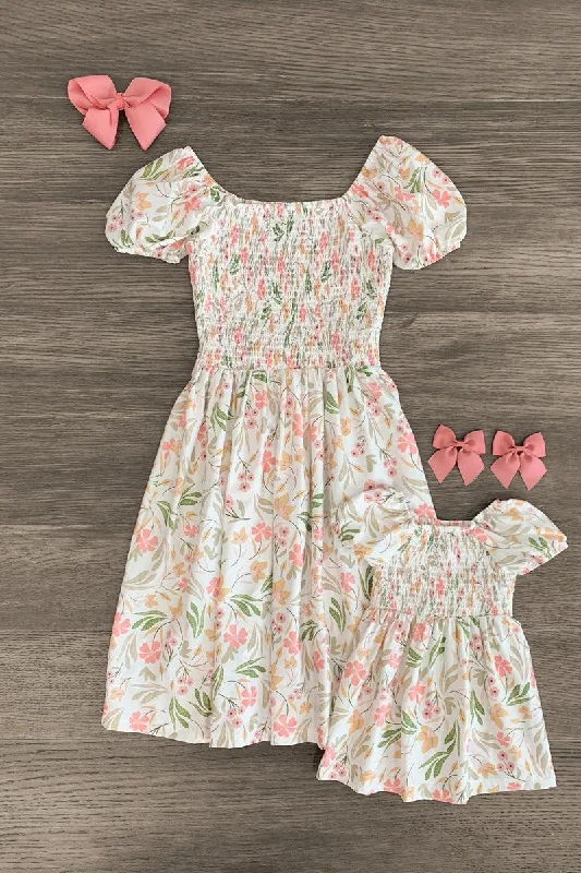 Sweetheart Neckline DressMom & Me - White Smocked Floral Dress