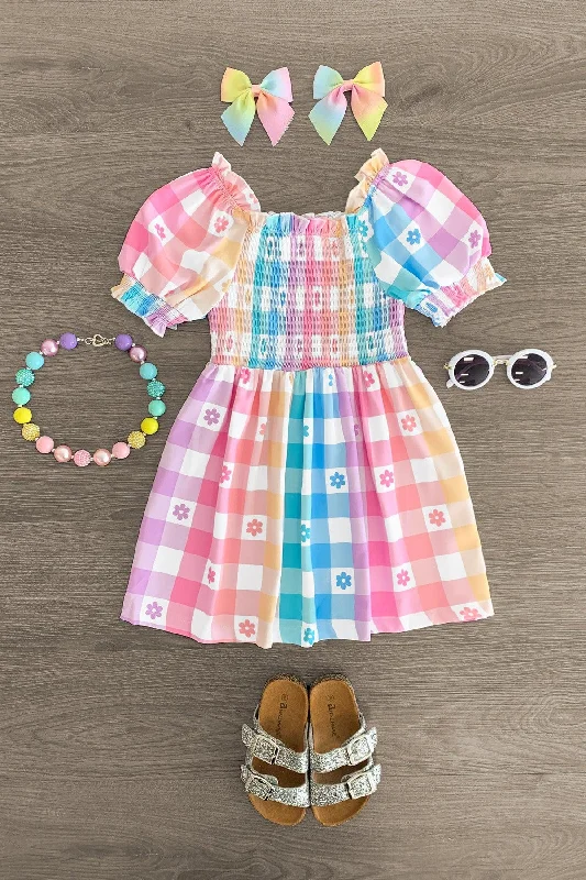 women's casual Friday dressesPastel Rainbow Gingham Flower Dress